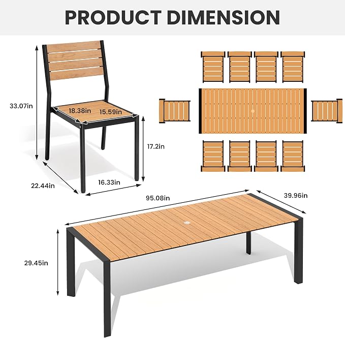 11 Pieces Outdoor Patio Dining Set, 95" Aluminum Table and Stackable Chairs | Adjustable Umbrella Hole & Wood Grain Tabletop for Garden, Patio, Backyard (Brown)