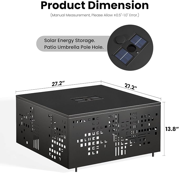 ovios 27" Outdoor Coffee Table with Solar Light, Patio Metal Table with Umbrella Hole and Cut-Out Design, Weatherproof Square Side Tables for Deck Porch Balcony Garden Backyard, Black