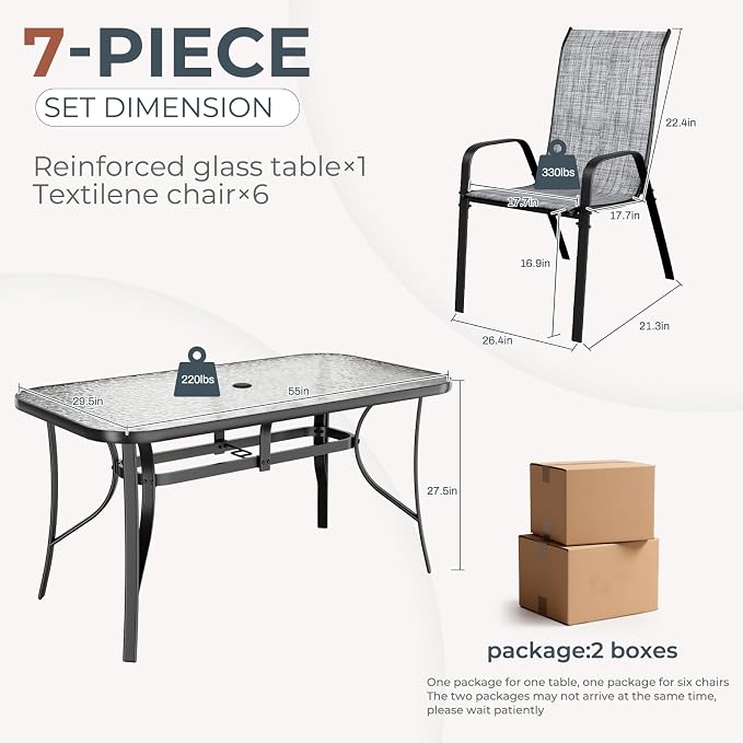 TLSUNNY 7 Pieces Patio Dining Set, Outdoor Table and Chairs W/1.69″ Umbrella Hole, 30"X 55" Table and Stackable Textilene Chair, All Weather Patio Furniture Set (Umbrella not Included) (Grey)