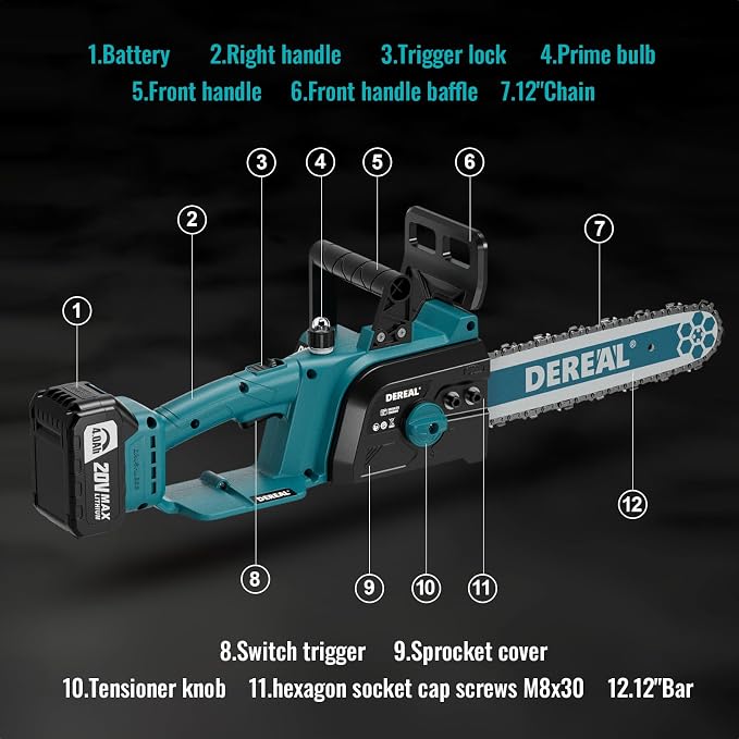 12 Inch Brushless Electric Chainsaw Cordless, 20V 2 Batteries Chain Saw 4000mAh Operated 1100w Upgraded Portable Compact Chainsaw Handheld for Wood Cutting, Blue