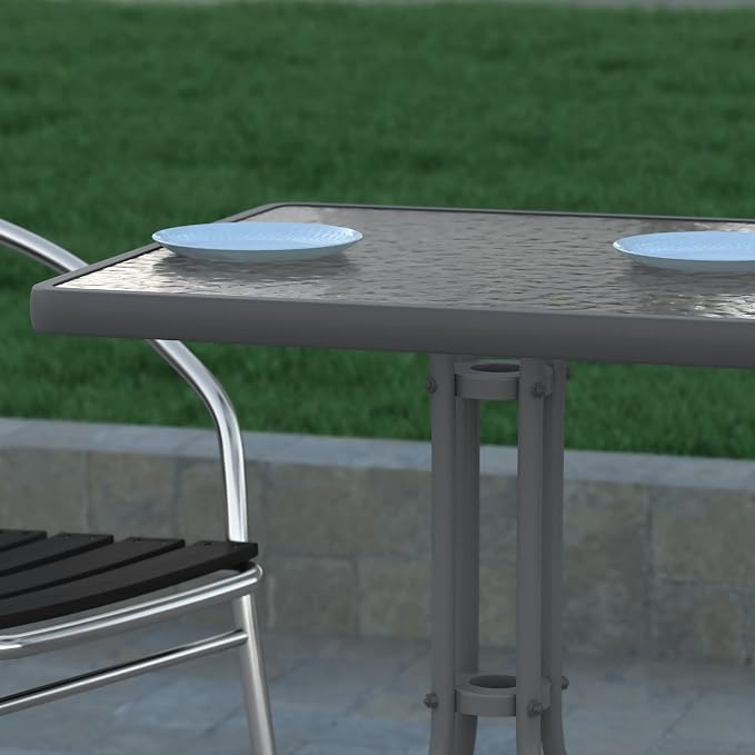 EMMA + OLIVER Benji Patio Dining Table - Silver Metal Frame - 23.5" Square Tempered Glass Top - Suitable for Indoor/Outdoor Use