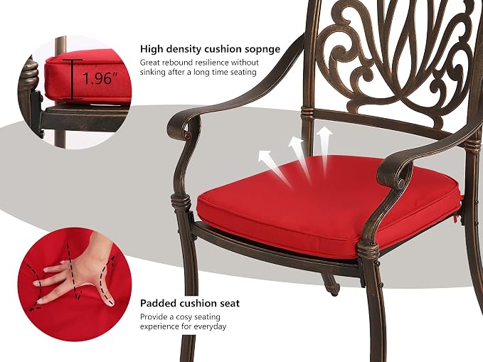 Grepatio 7 Piece Cast Aluminum Outdoor Dining Set, Patio Furniture Set with 2“ Umbrella Hole and 4 Chair & 2 Swivel Chairs with Cushions, Dining Furniture Set for Porch Poolside Garden (Red)