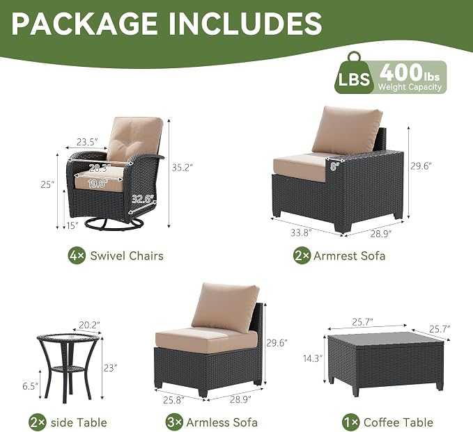 LazySunsets 12 PCS Patio Furniture Set, Outdoor Sectional All-Weather Wicker Conversation Set with Swivel Rocker Chairs, 4'' Thick Cushions for Backyard Poolside(Cream/Black)