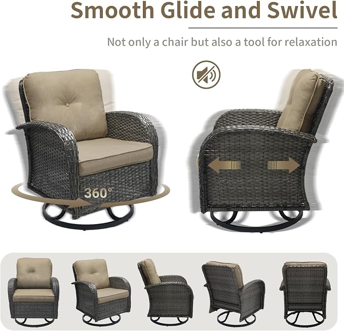 3 Piece Outdoor Swivel Rocker Patio Chairs, All-Weather Rattan Chair, Wicker Glider Patio Furniture Set with Side Table, for Garden, Backyard, Deck, Gray Rattan & Khaki Cushions