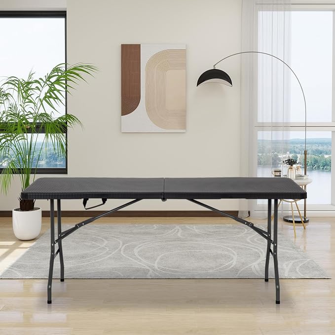6FT Folding Table, Fold-in-Half Portable Plastic Table with Handle, Heavy Duty HDPE, 500 lbs Capacity, Waterproof & Scratch-Resistant, Locking Legs, Anti-Slip Feet for Indoor Outdoor Party Picnic