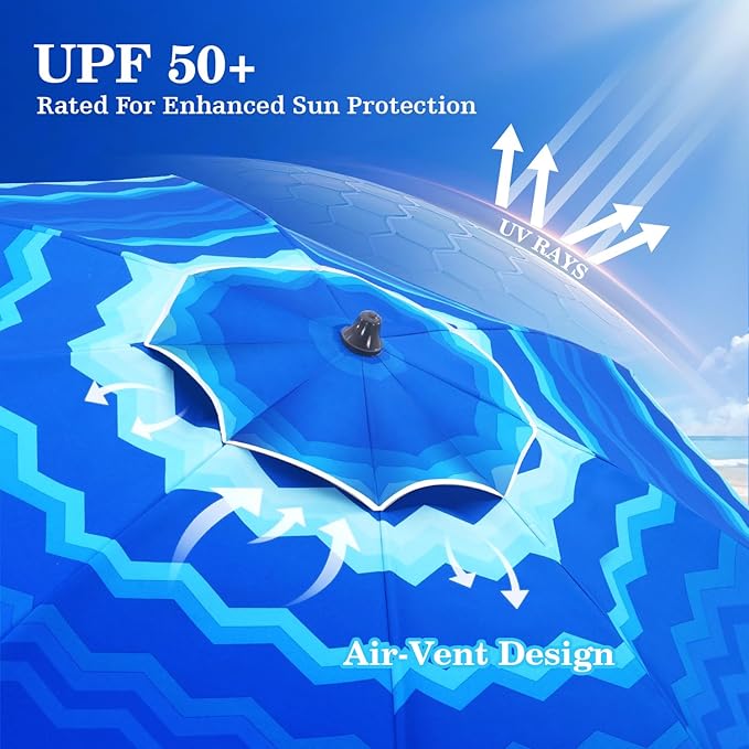 UIRWAY Beach Umbrella, Heavy Duty Windproof Beach Umbrellas with Sand Anchor & Tilt, Sun Protection Portable Beach Umbrella with Carrying Bag for Beach, Patio Garden Pool Outdoor