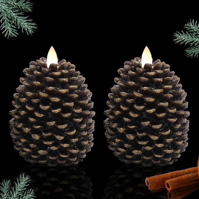 LED Flameless Pinecone Candles with 6H Timer, Battery Operated Waxy Pillar Candles, 2 Pack Christmas Candles Flickering Acorn Decor Woodsy Home Décor Christmas Gifts(Brown, 3.5 x 4.7 Inch)