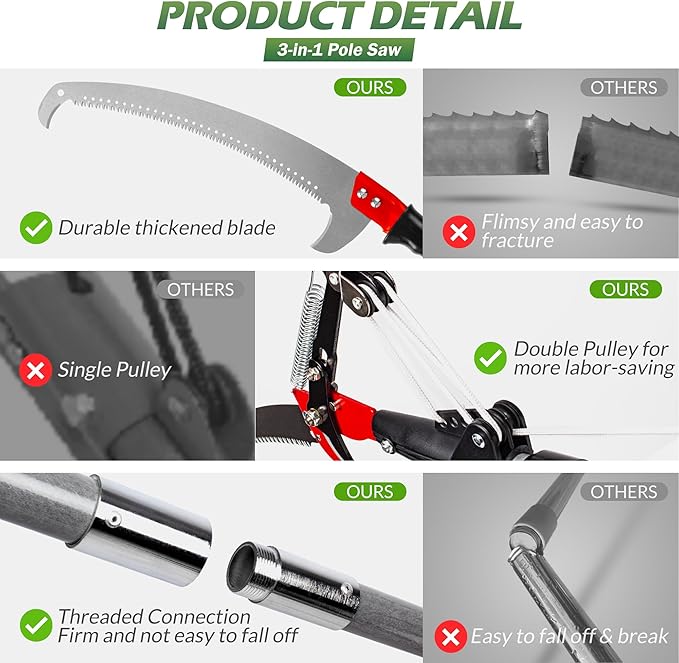 Walensee Pole Saw for Tree Trimming, 7.2-27 FT Manual Tree Pruner with 8 Sectional Fiberglass Poles, Saw Blade & Pruning Scissor Head, Adjustable Branch Cutter for Yard Garden with Storage Bag