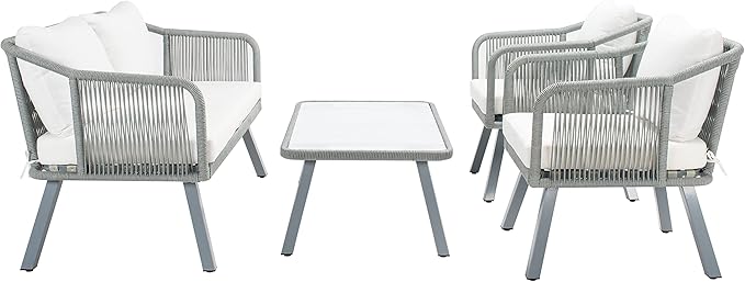 Safavieh Outdoor Collection Torsla Wicker Cushion 4-Piece Rope Patio Backyard Living Set PAT7520A, Grey/Beige