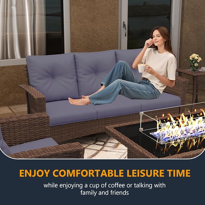 7 Pieces Outdoor Patio Furniture Set with Fire Pit Table, Wicker Patio Sectional Set Conversation Wicker Swivel Chairs with Small Side Table