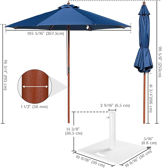 Yescom 9ft Coastal Solid Wood Umbrella Pulley Lift Commercial Base with Wheel Included for Seaside Restaurant Terrace Poolside Beach Club
