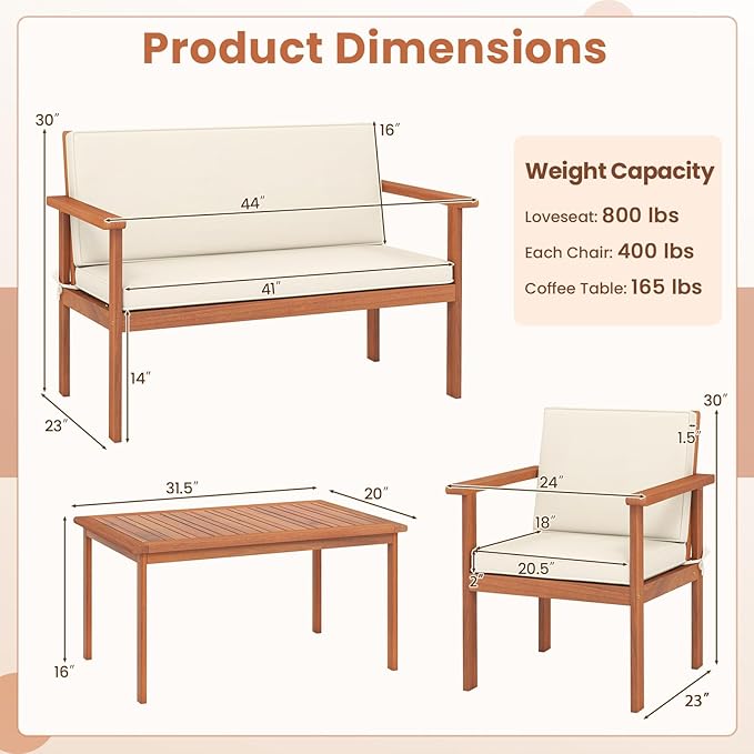 Tangkula 8 Pieces Acacia Wood Patio Conversation Set, Outdoor Wooden Cushioned Chairs & Slatted Coffee Table Set,for Backyard, Porch, Balcony, Poolside and Lawn (Off White,2)
