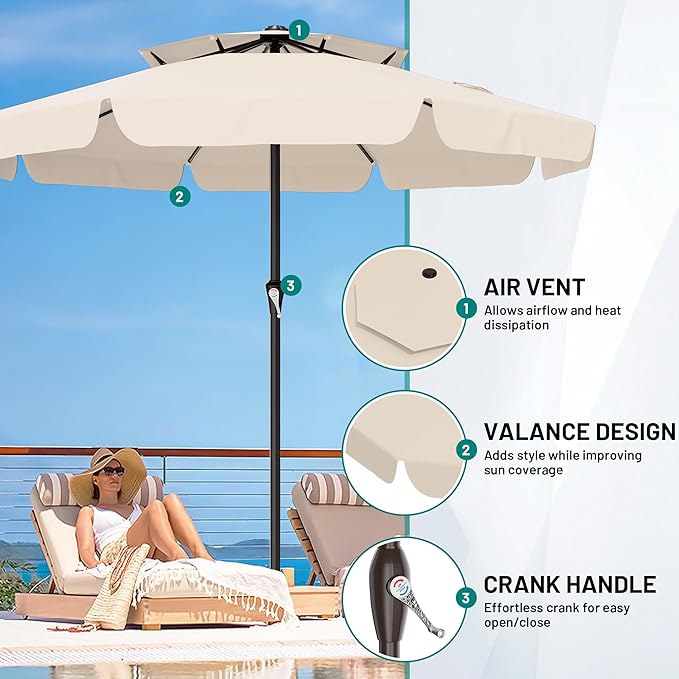 AreShark 12ft 2-Tier Patio Umbrella with Valance - Outdoor Umbrella Waterproof UV Protection, Market Table Umbrella w/ 8 Sturdy Ribs&Crank for Pool, Backyard, Garden(Ivory)