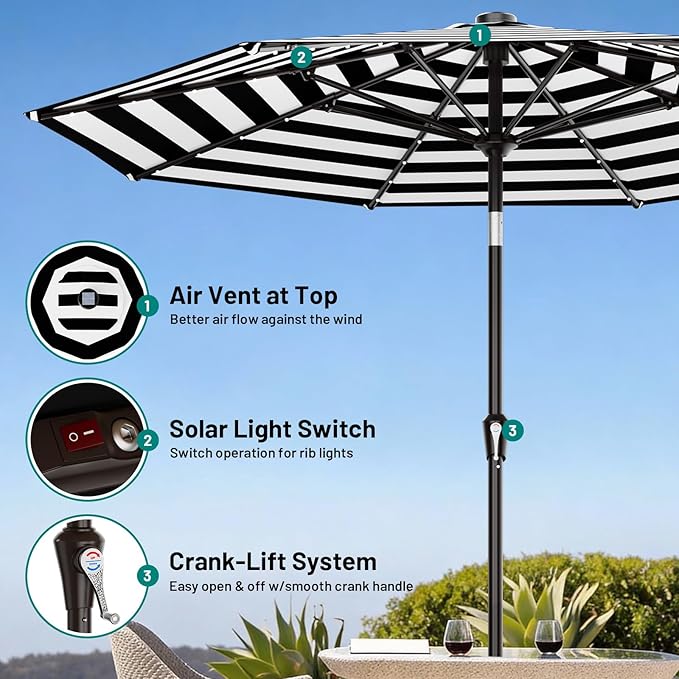 AreShark 9FT Patio Umbrella with Solar Lights, 32 Lighted Solar Table Market Umbrella w/Tilt and Crank Outdoor Umbrella for Garden, Deck, Backyard, Pool and Beach, Black and White Stripe