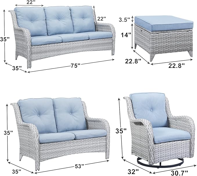 Rilyson Patio Furniture Swivel Chairs Set - 6 PC Wicker Rattan Outdoor Sectional Conversation Sets with 2 Rocking Chair,2 Ottoman,1 Sofa and 1 Loveseat for Porch Deck(Light Grey/Sky Blue)