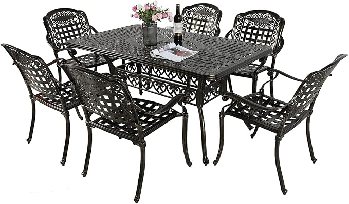 VIVIJASON 7-Piece Patio Furniture Dining Set, All-Weather Cast Aluminum Outdoor Conversation Set, Include 6 Chairs and a Rectangle Table with Umbrella Hole for Balcony Lawn Garden Backyard