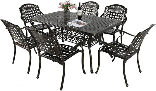 VIVIJASON 7-Piece Patio Furniture Dining Set, All-Weather Cast Aluminum Outdoor Conversation Set, Include 6 Chairs and a Rectangle Table with Umbrella Hole for Balcony Lawn Garden Backyard