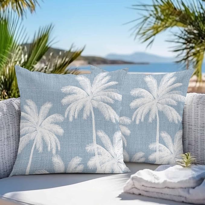 Outdoor Pillow Covers 24x24 Inch Set of 2, Light Blue Palm Trees Waterproof Throw Pillow Covers, Farmhouse Tropical Summer Beach Decorative Cushion Pillowcases for Couch, Sofa, Bed, Garden, Patio