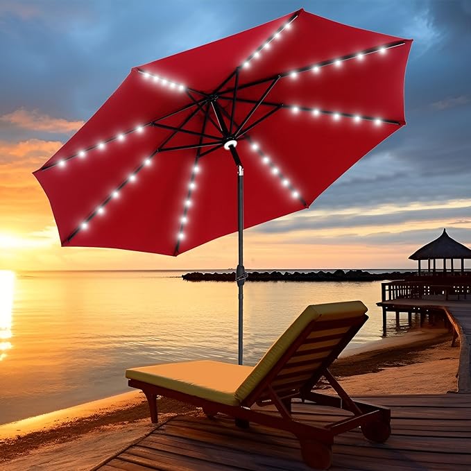 GDY 10Ft Patio Umbrella, Table Umbrella with 40 LED Lights, Outdoor Umbrellas for Patio, with Tilt and Crank, Center Light, for Garden, Deck, Backyard, Pool, and Beach.