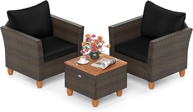 HAPPYGRILL 3-Piece Patio Conversation Furniture Set Outdoor Wicker Sofa Set with Soft Cushions & Coffee Table for Balcony Backyard Porch