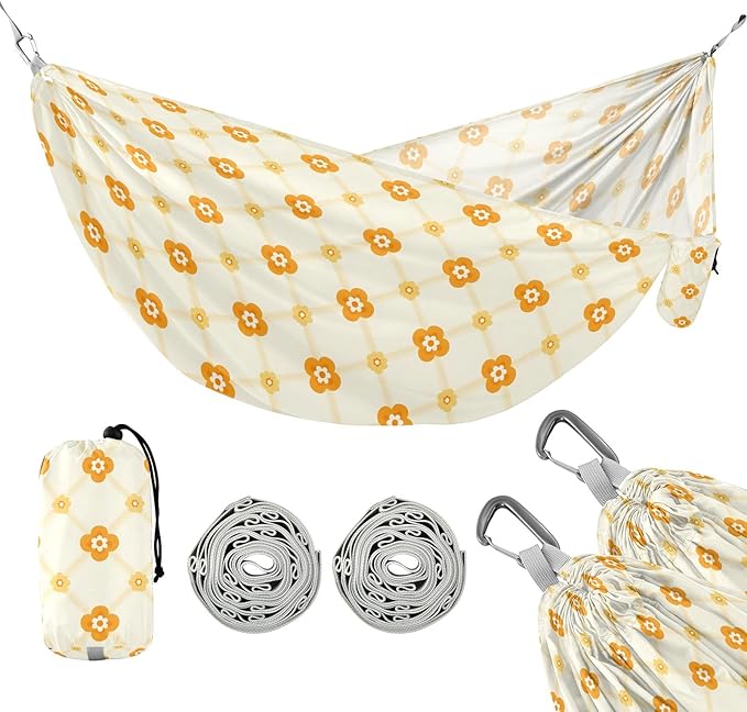 Camping Hammock Outdoor Hammocks for Outside Yellow Floral Lattice Beach Trees Portable Lightweight with Pockets Tree Straps Indoor