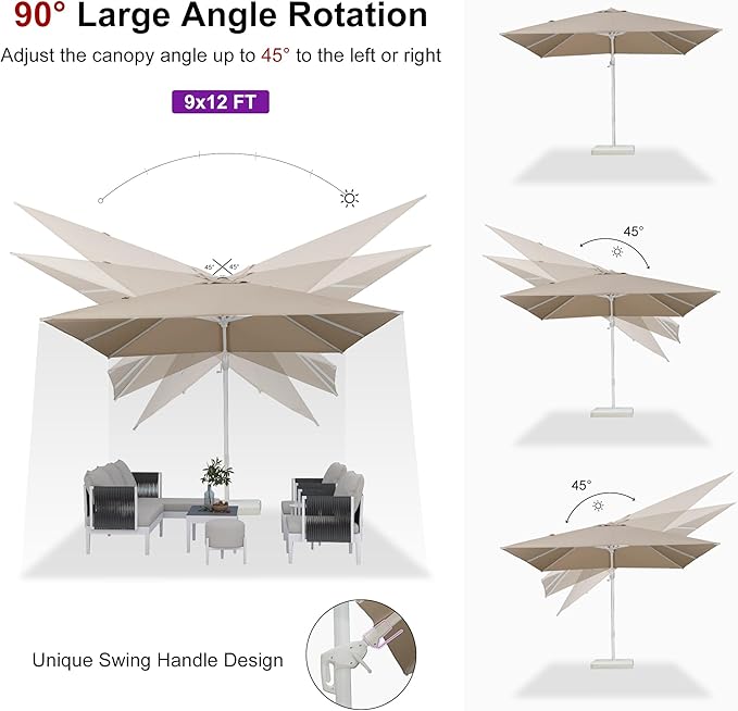 PURPLE LEAF 9' X 12' Right-left Tilt White Cantilever Umbrella with Base Patio Outdoor Swivel Umbrellas with Aluminum Tilt Offset Umbrella with 360° Rotation for Deck Pool, Beige