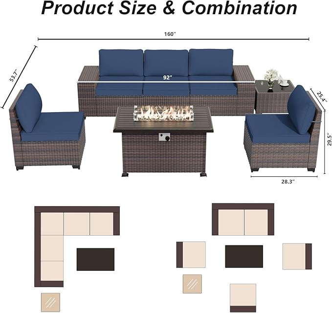 ALAULM 7 Pieces Patio Furniture Set with Fire Pit Table 55000BTU, Oversized Seat/Armrest and High Back Wicker Conversation Set with Thick Cushion for Backyard, Garden, Navy Blue