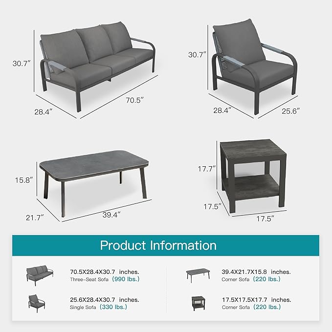 Aluminum Outdoor Patio Furniture Set with Coffee Table, 5 Piece Patio Conversation Sets with Washable Thick Cushions, Patio Sectional Furniture Set for Porch, Balcony, Grey