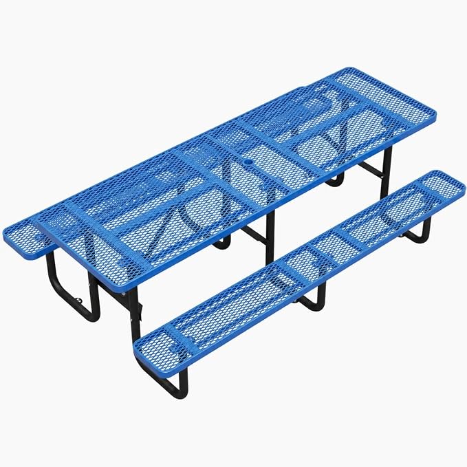 8 FT Heavy Duty Outdoor Metal Picnic Table with Umbrella Hole, Commercial Grade Steel Picnic Table with Benches, Seats 8-10 Adults, Weather Resistant for Backyard, Park, School & Campground