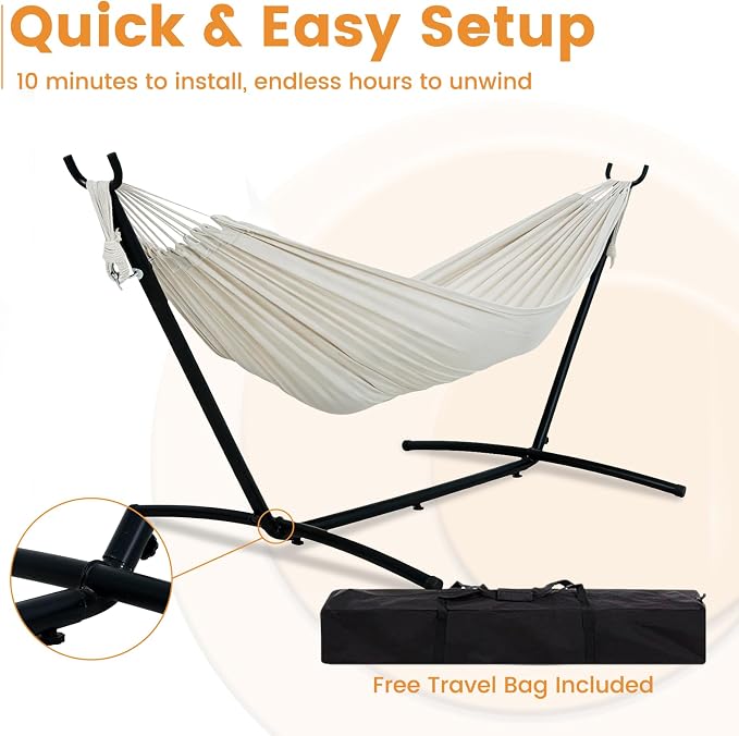Lazy Daze Portable Hammock with Stand, Free Standing Hammocks for Indoor Outdoor Patio Yard, Has a Carrying Bag and Pillow, 9ft Steel Hamacas Heavy Duty 2 Person Amaca 450 lbs Capacity(White)