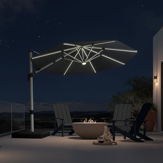 PURPLE LEAF 10ft Patio Umbrella with Lights Outdoor Round Cantilever Solar Powered LED Umbrella with 360-degree Rotation for Garden Deck Pool Patio, Grey