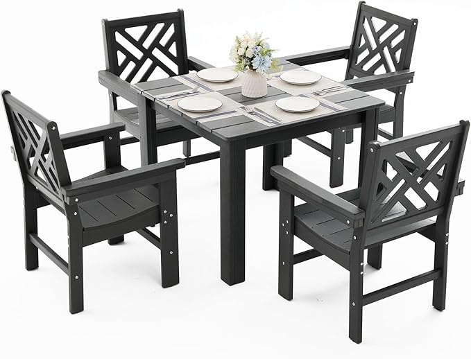 5 Piece HDPE Outdoor Dining Set for 4, Patio Dining Furniture Set with Square Table and Umbrella Hole, Outdoor Table and Chairs for Garden, Poolside, Backyard, Deck (Grey, 5 Piece Square Set)