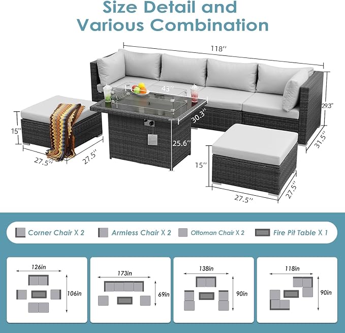 RADIATA 7 Piece Wicker Patio Furniture Set with Fire Pit, All-Weather Outdoor Sectional Couch High Back Large Size, Modular Backyard Seating Sofa Set with Propane/Natural Gas Firepit Table, Light Grey