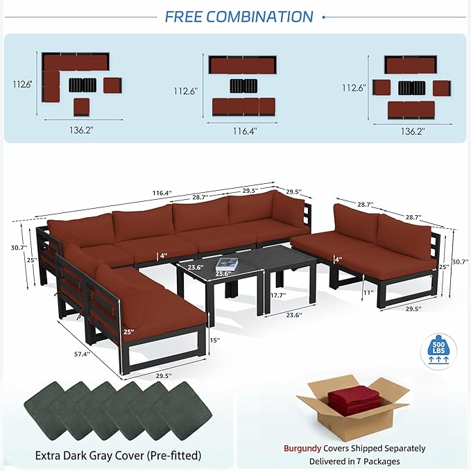 NICESOUL 8 Person Modern Aluminum Patio Furniture Set, 500 lbs Heavy Duty Sturdy Outdoor Sectional Sofa, 29" Deep Wide Large Seating, L Shaped Modular Conversation Couch for Garden Backyard, Burgundy
