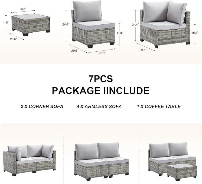 CANMOV 7 Pieces Patio Furniture Sets, All Weather Outdoor Patio Conversation Set, PE Wicker Rattan Sectional Sofa Couch Glass Coffee Table Washable Cushions for Backyard Garden, Poolside, Light Grey