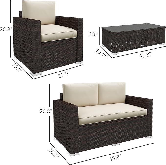 Outsunny 4 Piece Wicker Patio Furniture Set with Cushions, Outdoor Sectional Furniture with 2 Sofa, Loveseat, and Glass Top Coffee Table, Conversation Sofa Sets for Garden, Khaki