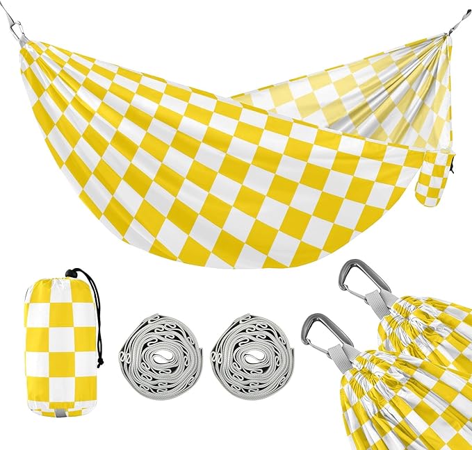 Camping Hammock Outdoor Hammocks for Outside Yellow White Checkered Beach Trees Portable Lightweight with Pockets Tree Straps Indoor