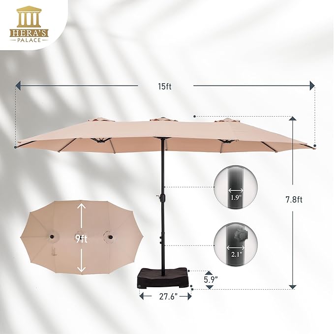 HERA'S PALACE Umbrella Patio Outdoor with Base 15ft Rectangle Table Double Market Umbrellas Clearance Large Included Stand for Deck Outside Pool Picnic Inground Yard Commercial, Beige