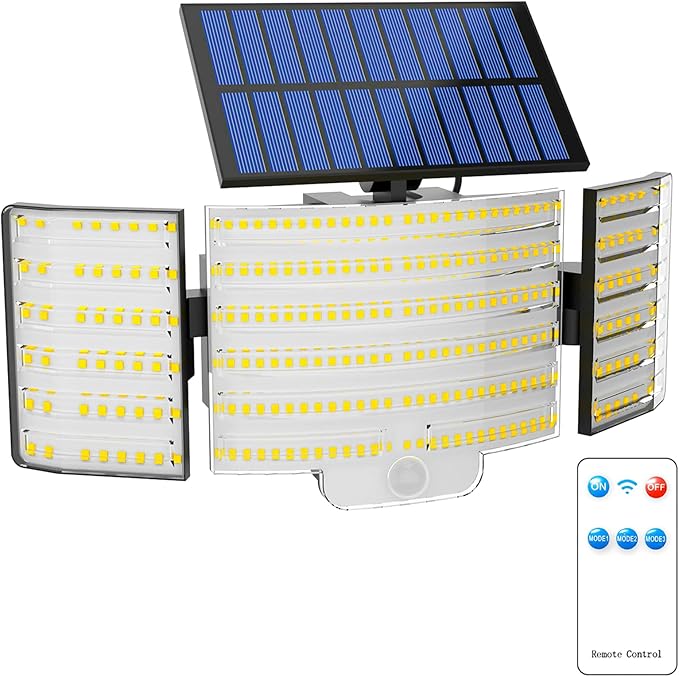 JJX Solar Outdoor Lights 3000LM 238 LED, 1 Pack 3-Head Motion Sensor Outdoor Lights, 6500K IP65 Waterproof 3 Lighting Modes Solar Security Light for Yard Garden Driveway with Remote Control