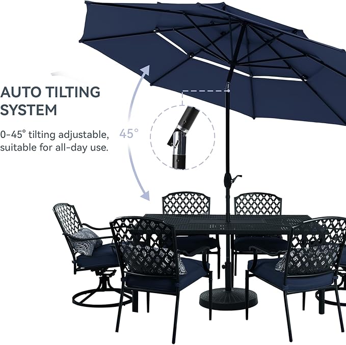 GREEN PARTY 10ft Outdoor Patio Umbrella, [Auto-Tilting] 3 Tiers Market Table Umbrellas with 1.5" Pole, 8 Sturdy Ribs, 3-Year-Non-Fading for Garden Deck Pool Backyard, Navy Blue