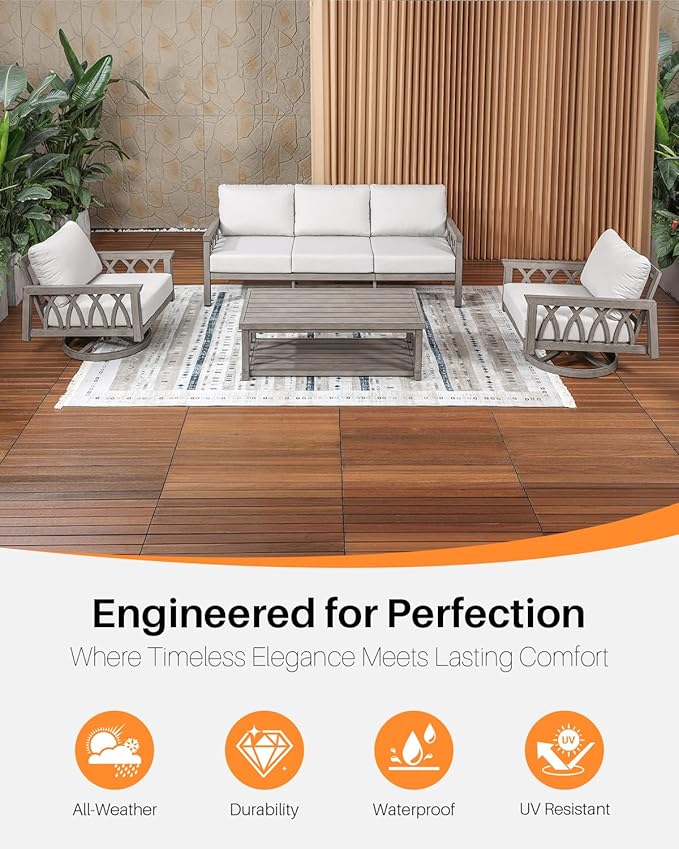 Aluminum Patio Conversation Set, 4-Piece Outdoor Sofa Set with Loveseat, 2 Armchairs, and Coffee Table, Outdoor Patio Furniture Set with Thick Cushions for Backyard, Balcony, Lawn, Limed Oak