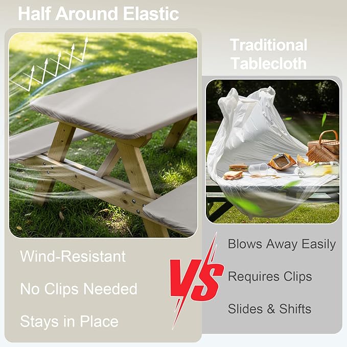 Picnic Table Cover with Bench Covers Camping Essentials Waterproof Windproof Camping Tablecloth with Drawstring Bag, Fitted Rectangle Tables and Seats, 72in, Beige Linen Texture