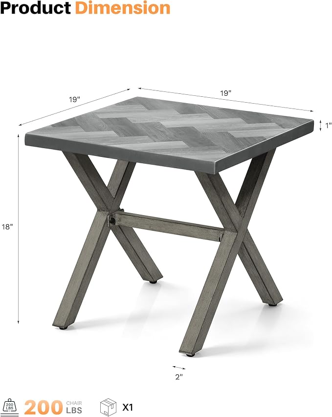 Never-Rust Aluminum Outdoor Side Table, Anti-Rust Outside Patio Side Table with Resin Tabletop, Modern Weather Resistant Square Patio End Table for Yard, Garden, Poolside, Limed Oak