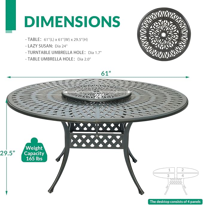 VIVIJASON Outdoor 61" Patio Round Dining Table for 6-8 Person, All Weather Cast Aluminum Patio Dining Table with 24" Lazy Susan and Umbrella Hole for Balcony, Porch and Deck