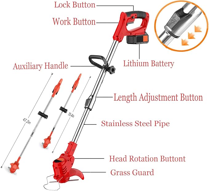 Weed Wacker Cordless Grass Trimmer Electric Weed 90~120cm Retractable, 3 Kinds of Lawn Mower Accessories, 24v Electric Cordless Garden Trimmer with Battery and Charger for Garden