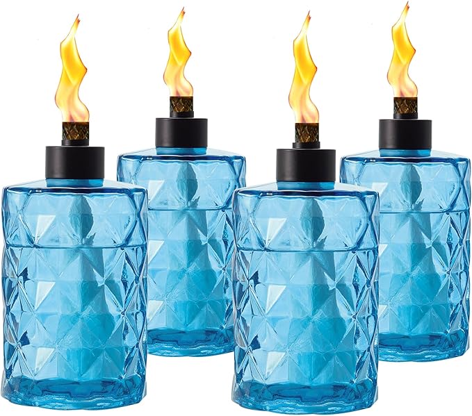 4 Pack Blue Glass Table Top Torches with Wick and Cap,Citronella Torches Outdoor,Refillable Flame Light Torch,Decorative Tabletop Lantern for Yard,Patio,Deck,Garden,Outdoor Party,Landscape
