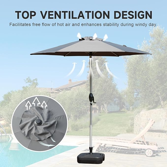 Domi 7.5FT Patio Umbrella Outdoor Market Umbrella with Silver Aluminum Pole, UV Resistant Canopy, Wind Vent, Tilt & Crank System, Perfect for Patio, Garden, Deck, Pool, Outdoor Dining, Gray