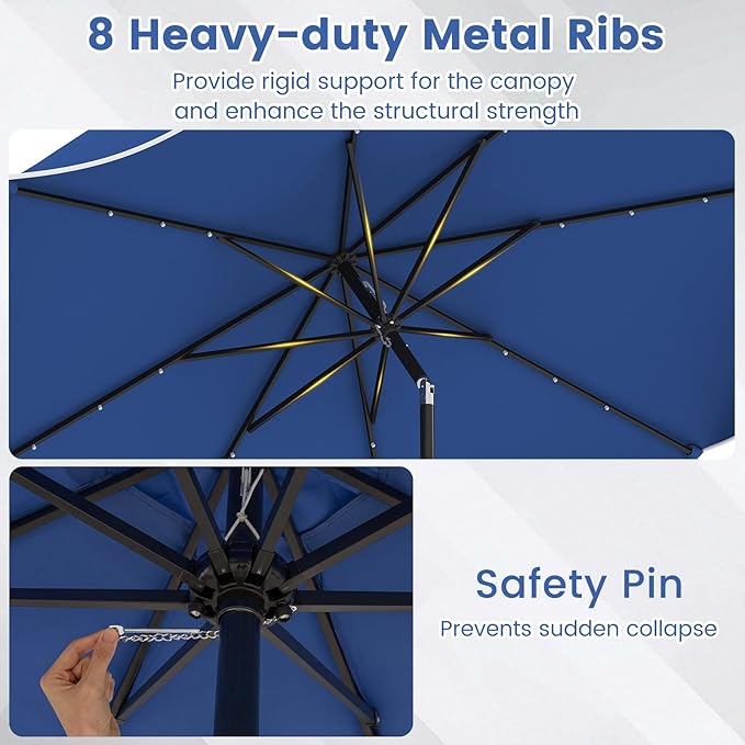 Tangkula 10 FT Solar Patio Umbrella, 2-Tiers Outdoor Scalloped Table Umbrella with 24 LED Lights, Tilt Adjustment, Crank, 8 Ribs for Market Backyard Pool Deck Beach Lawn (Navy)