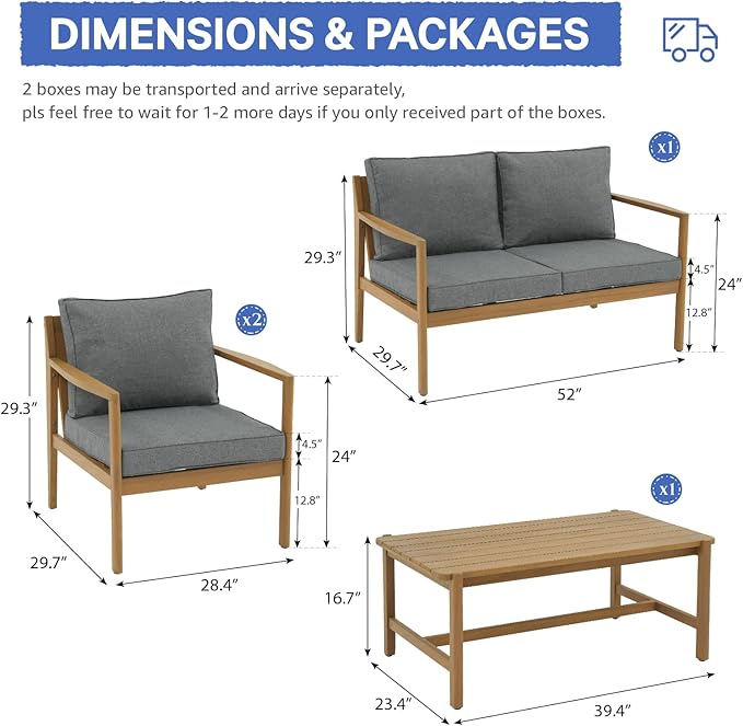 SUNSITT 4 Piece Acacia Wood Patio Furniture Set, Outdoor Conversation Sofa Set with Coffee Table & Cushions for Garden, Backyard, Dark Grey