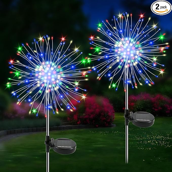 Solar Garden Lights Outdoor, 2 Pack 120 LED Twinkling Firework Lights Decorative with 2 Modes, Outdoor Waterproof Solar Starburst Light for Yard Pathway Planter Patio Decor, Multicolor